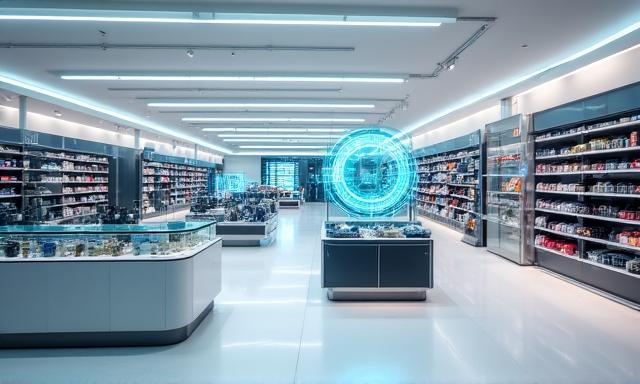 Modern retail environment with digital overlays showing predictive sales stock levels